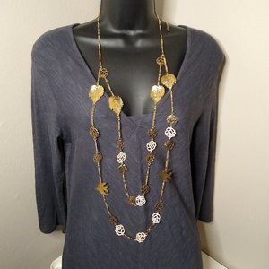 2 Layer Long Bird, Flower, And Leaf Fashion Necklace Adjustable 40 To 43 Inches